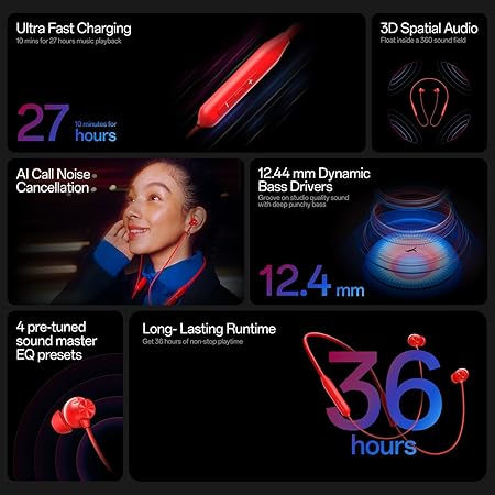 Fusion Prime NeckBeats Z3 Neckband | 12.4mm Drivers, 27H Playtime, Fast Charge, AI Mic, Deep Bass, BT v5.4 (Black)